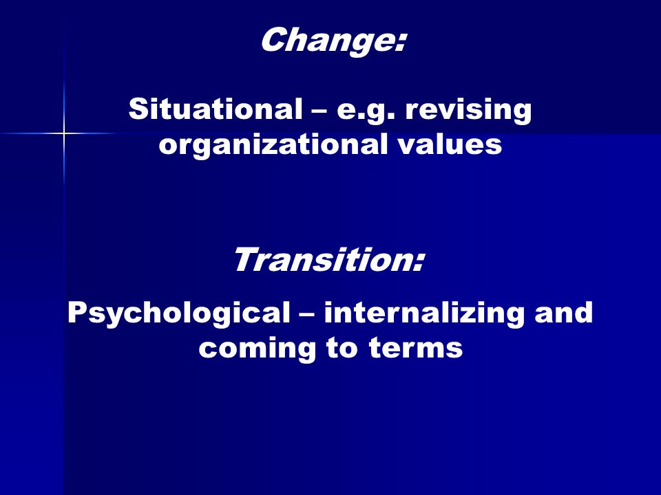 Change: Transition: Situational – e.g. revising organizational values