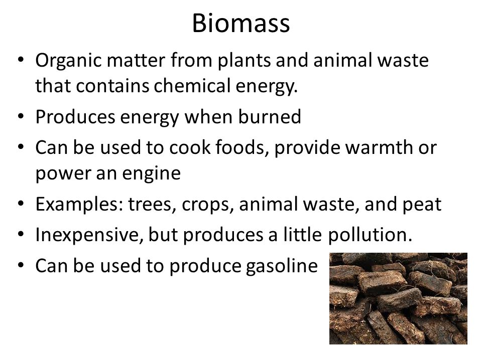 Biomass Organic matter from plants and animal waste that contains chemical energy. Produces energy when burned.