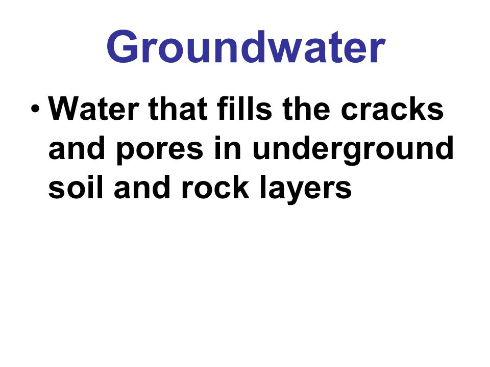 Groundwater Water that fills the cracks and pores in underground soil and rock layers