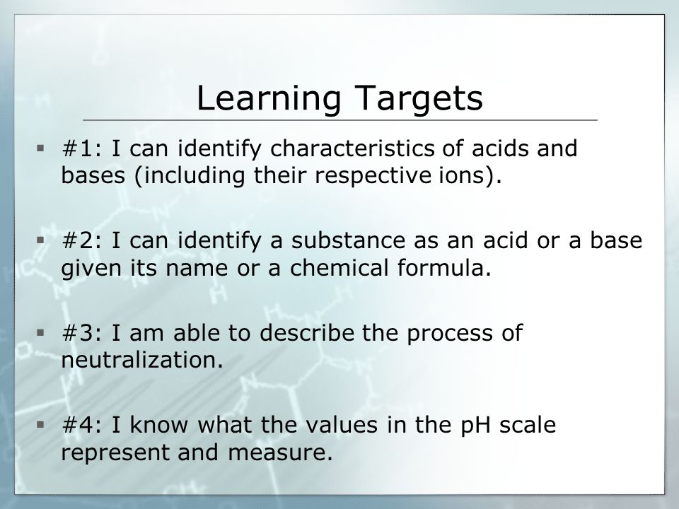 Learning Targets #1: I can identify characteristics of acids and bases (including their respective ions).