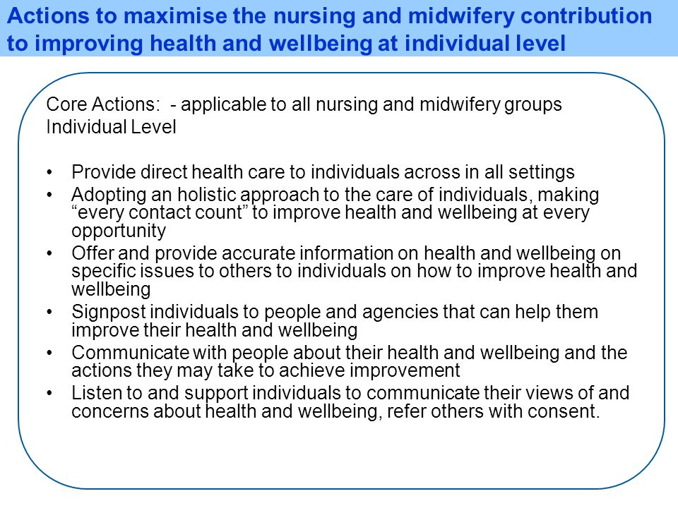 Actions to maximise the nursing and midwifery contribution to improving health and wellbeing at individual level