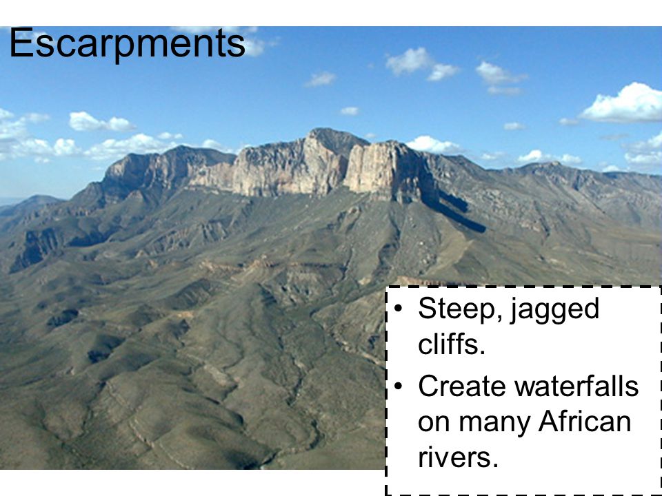 Escarpments Steep, jagged cliffs.