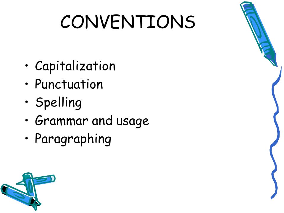 CONVENTIONS Capitalization Punctuation Spelling Grammar and usage