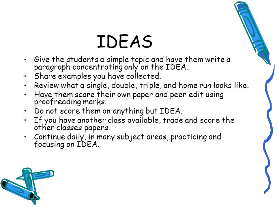 IDEAS Give the students a simple topic and have them write a paragraph concentrating only on the IDEA.