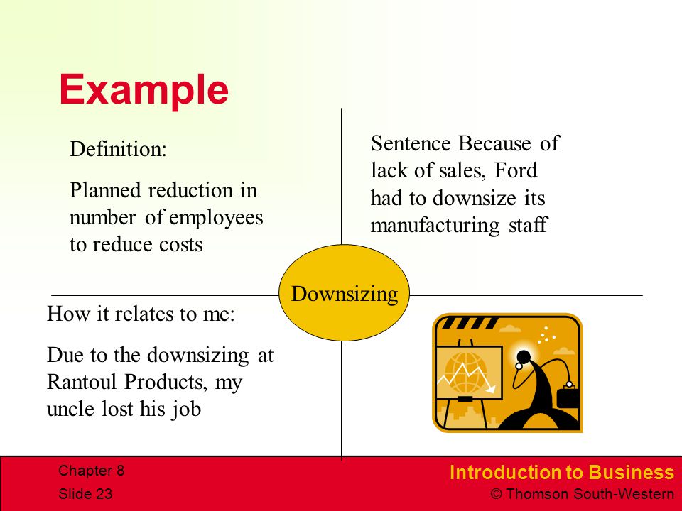CHAPTER 9 4/20/2017. Example. Sentence Because of lack of sales, Ford had to downsize its manufacturing staff.