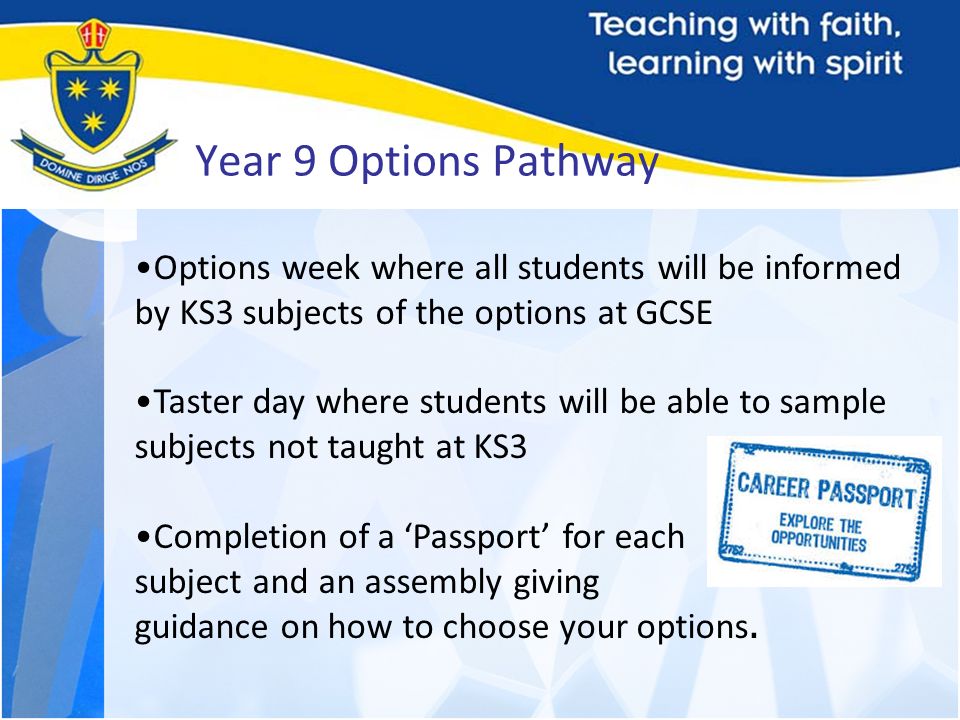 Year 9 Options Pathway Options week where all students will be informed by KS3 subjects of the options at GCSE.