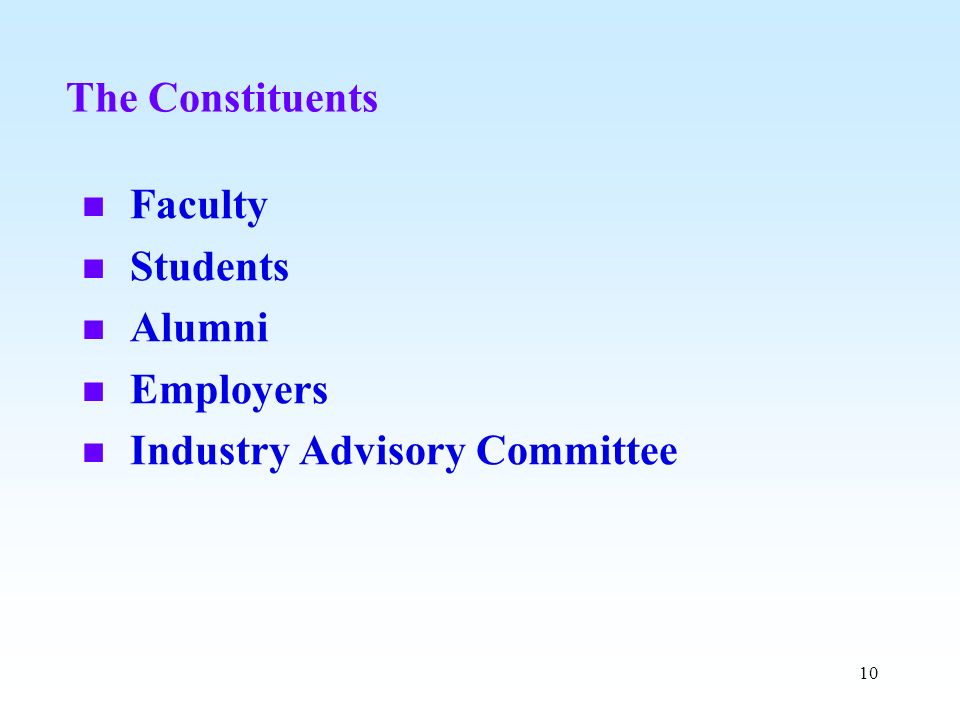 The Constituents Faculty Students Alumni Employers Industry Advisory Committee