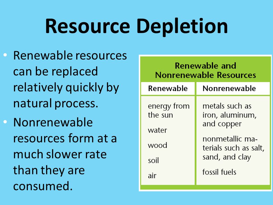 Resource Depletion Renewable resources can be replaced relatively quickly by natural process.