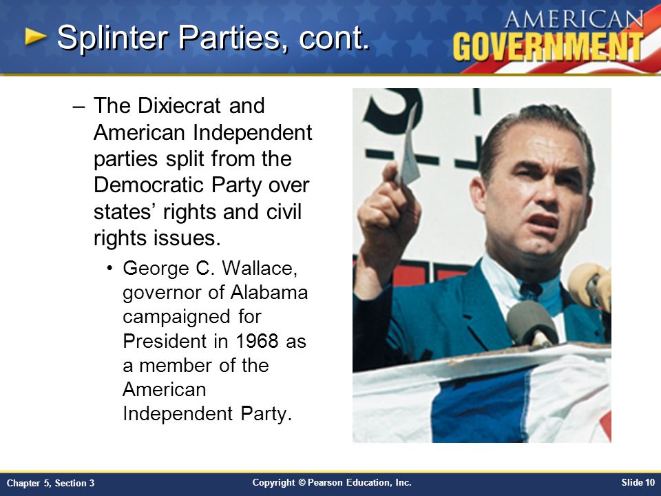 Splinter Parties, cont. The Dixiecrat and American Independent parties split from the Democratic Party over states’ rights and civil rights issues.