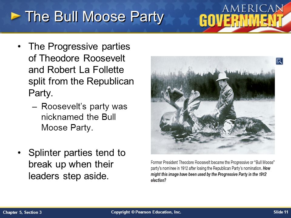 The Bull Moose Party The Progressive parties of Theodore Roosevelt and Robert La Follette split from the Republican Party.