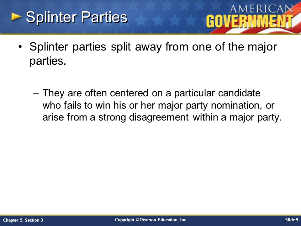 Splinter Parties Splinter parties split away from one of the major parties.