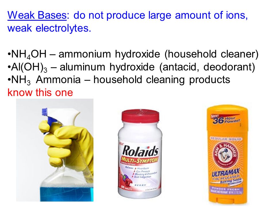 Weak Bases: do not produce large amount of ions, weak electrolytes.