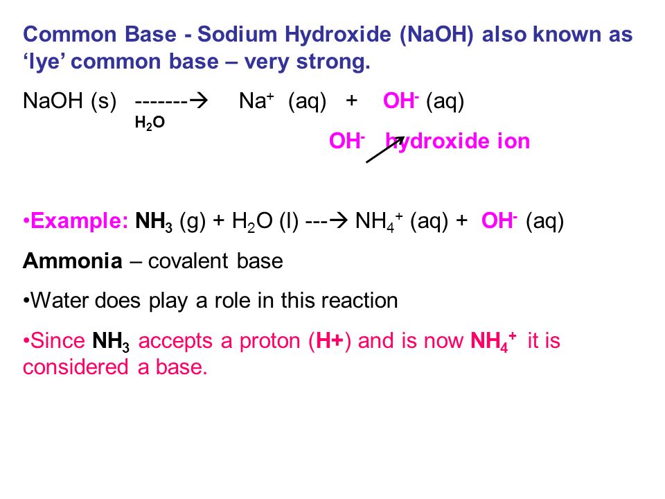 NaOH (s)  Na+ (aq) + OH- (aq) OH- hydroxide ion