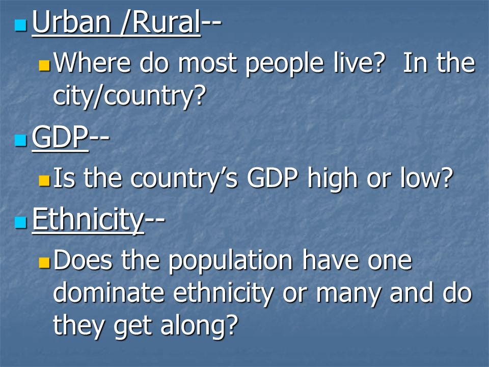 Urban /Rural-- GDP-- Ethnicity--
