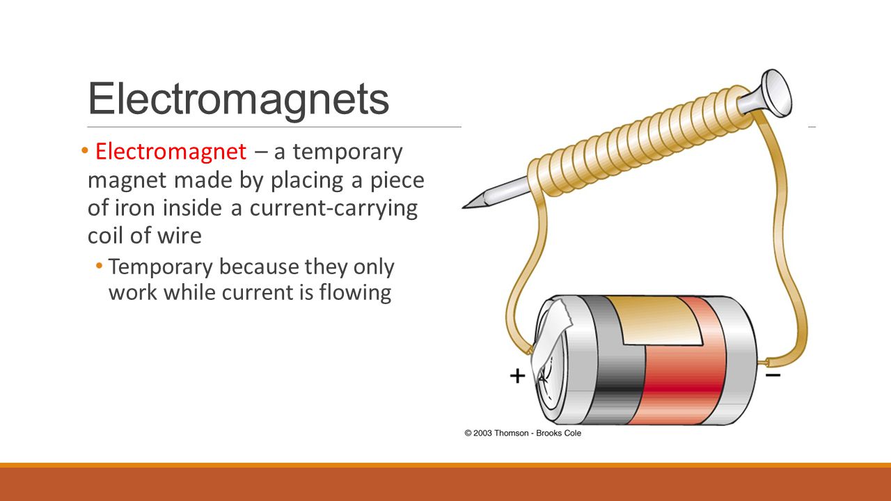 Electromagnets Electromagnet – a temporary magnet made by placing a piece of iron inside a current-carrying coil of wire.