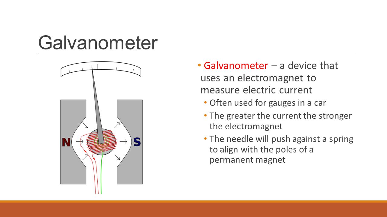 Galvanometer Galvanometer – a device that uses an electromagnet to measure electric current. Often used for gauges in a car.