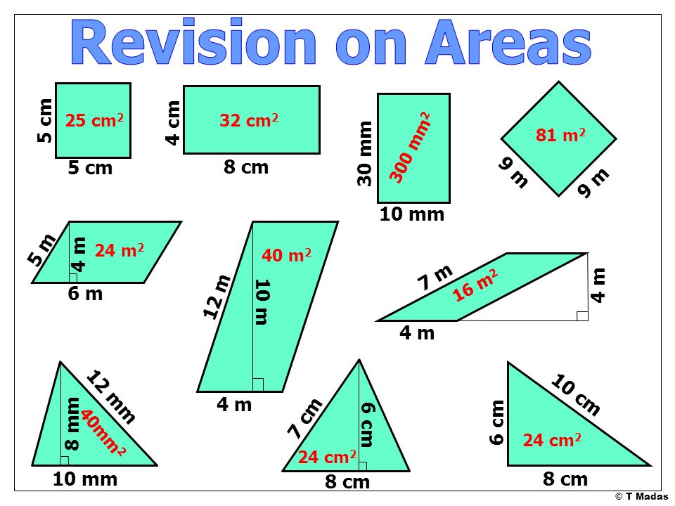 Revision on Areas 5 cm 4 cm 30 mm 5 cm 8 cm 9 m 9 m 10 mm 5 m 4 m 7 m