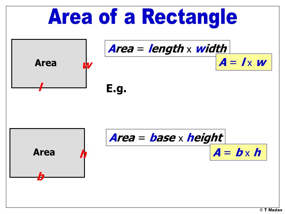 Area of a Rectangle Area = length x width A = l x w w l E.g.