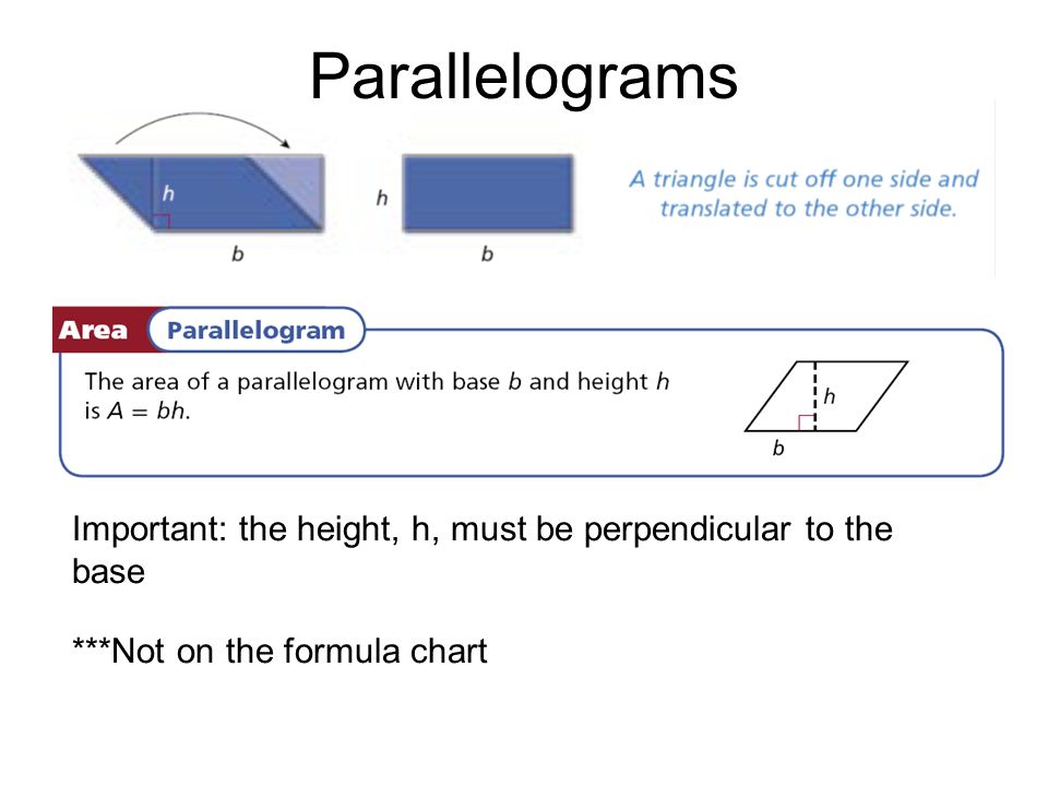 Parallelograms Important: the height, h, must be perpendicular to the base.