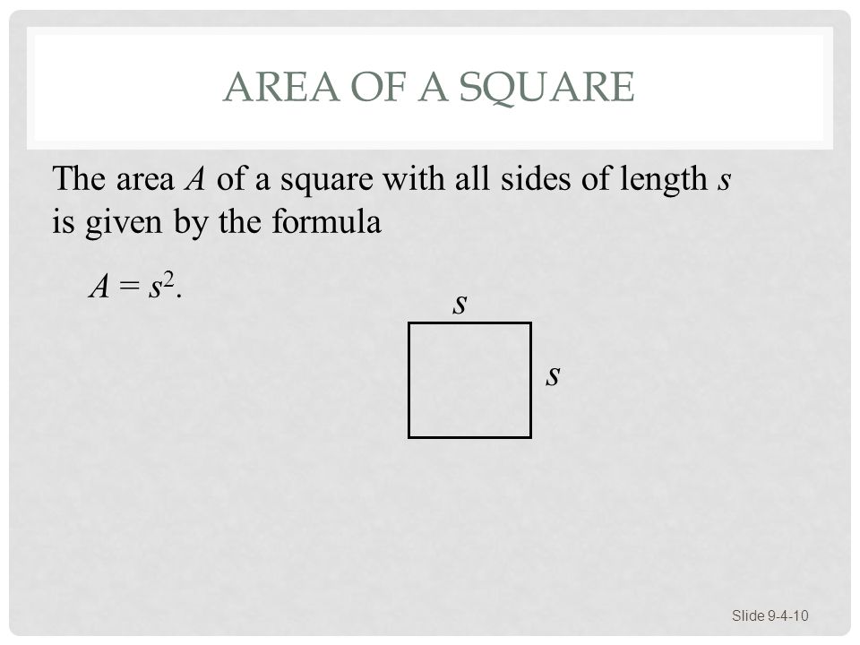 Area of a Square The area A of a square with all sides of length s is given by the formula. A = s2.