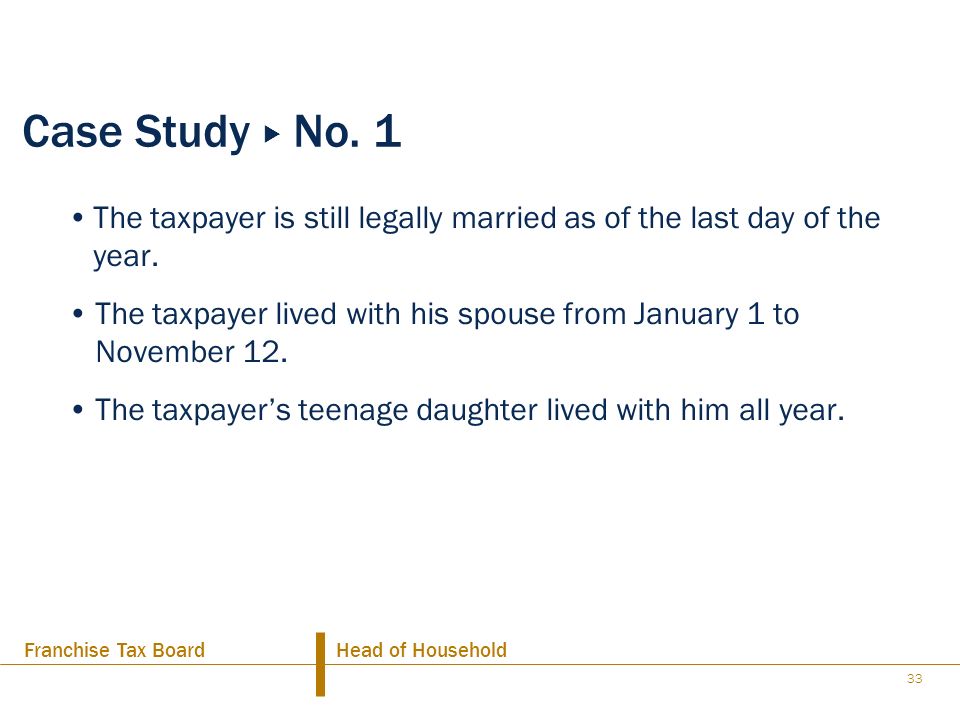Case Study u No. 1 The taxpayer is still legally married as of the last day of the year.