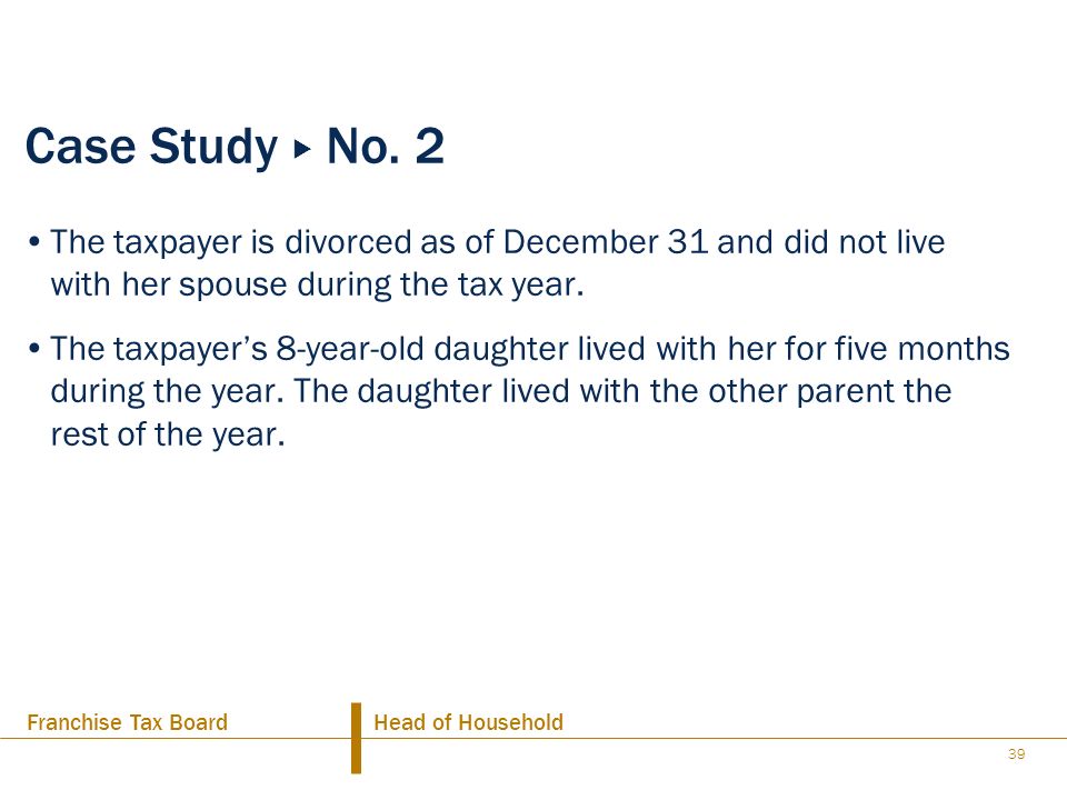 Case Study u No. 2 The taxpayer is divorced as of December 31 and did not live with her spouse during the tax year.