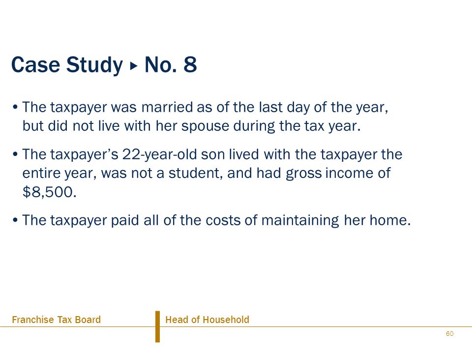 Case Study u No. 8 The taxpayer was married as of the last day of the year, but did not live with her spouse during the tax year.