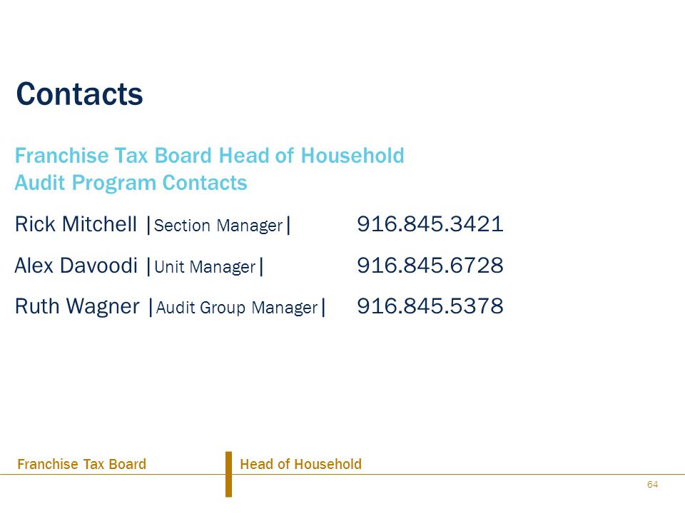 Contacts Franchise Tax Board Head of Household Audit Program Contacts