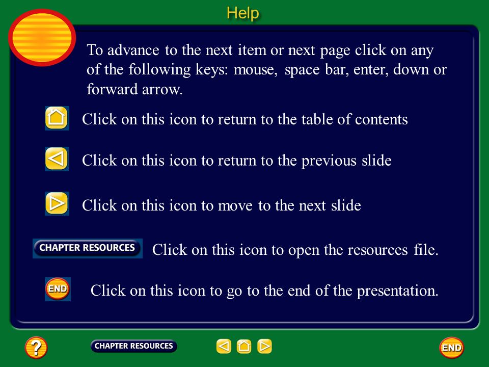 Help To advance to the next item or next page click on any of the following keys: mouse, space bar, enter, down or forward arrow.