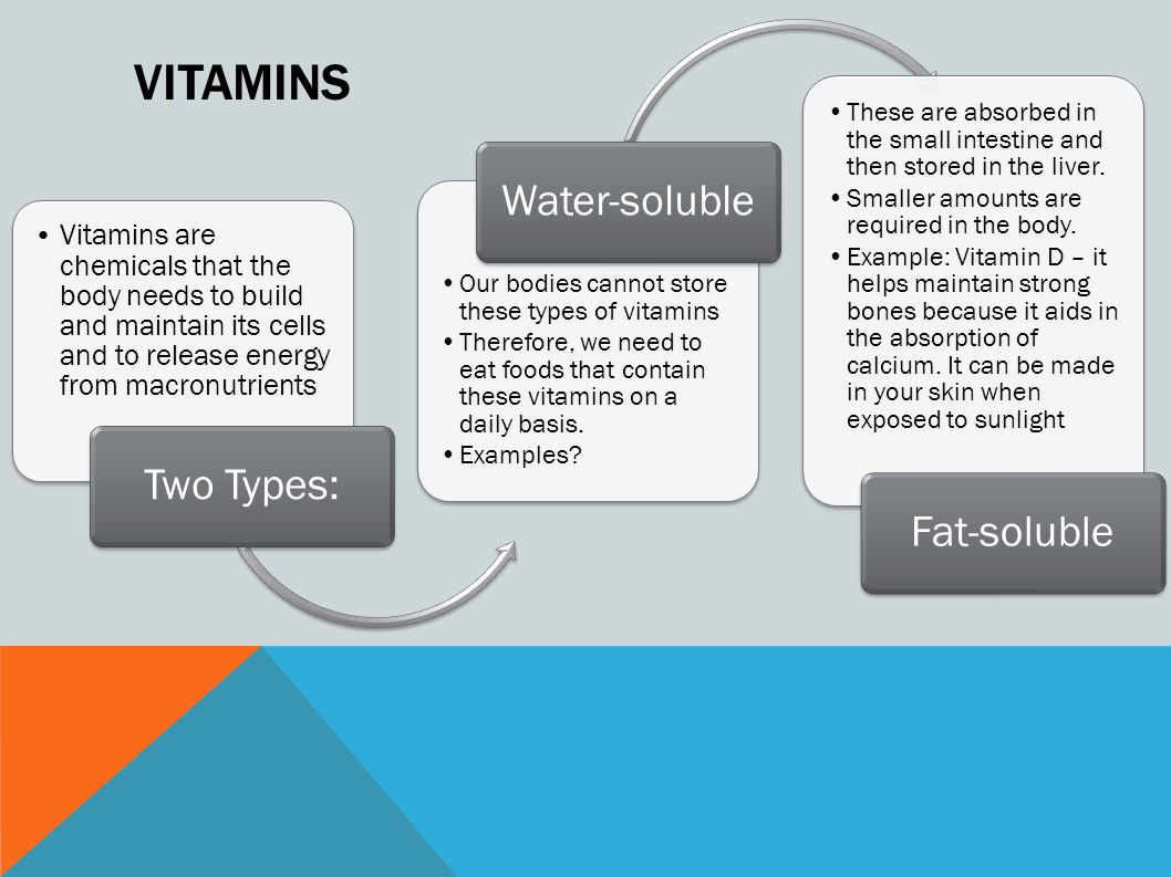Vitamins Two Types: Water-soluble Fat-soluble