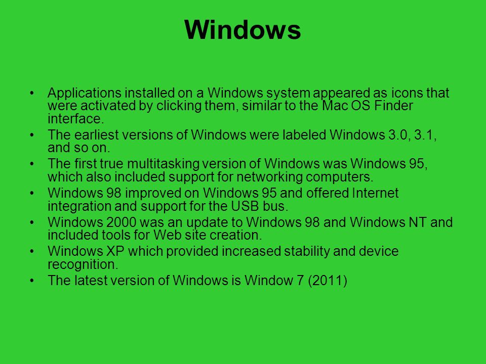 Windows Applications installed on a Windows system appeared as icons that were activated by clicking them, similar to the Mac OS Finder interface.