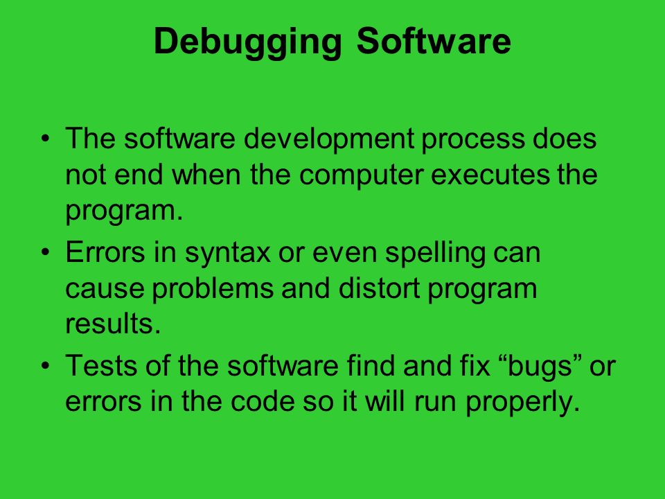 Debugging Software The software development process does not end when the computer executes the program.