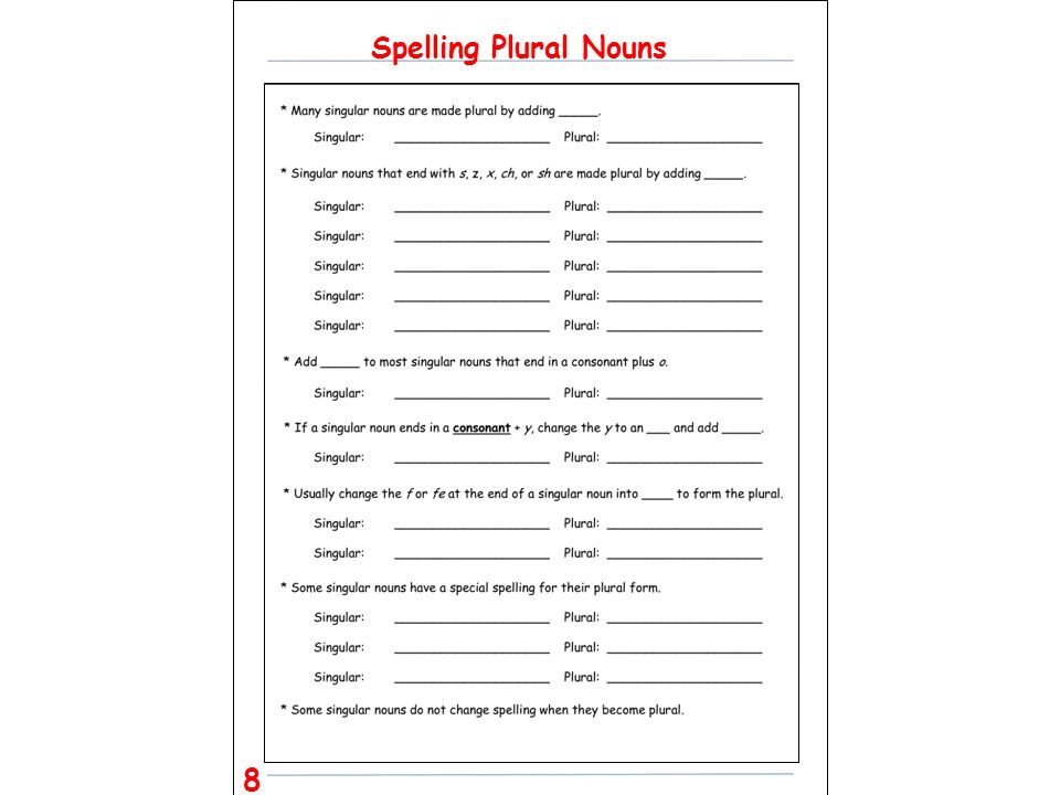 Spelling Plural Nouns Write an 8 in the bottom corner. We’ll write the title…* Then you can glue on your sheet…*