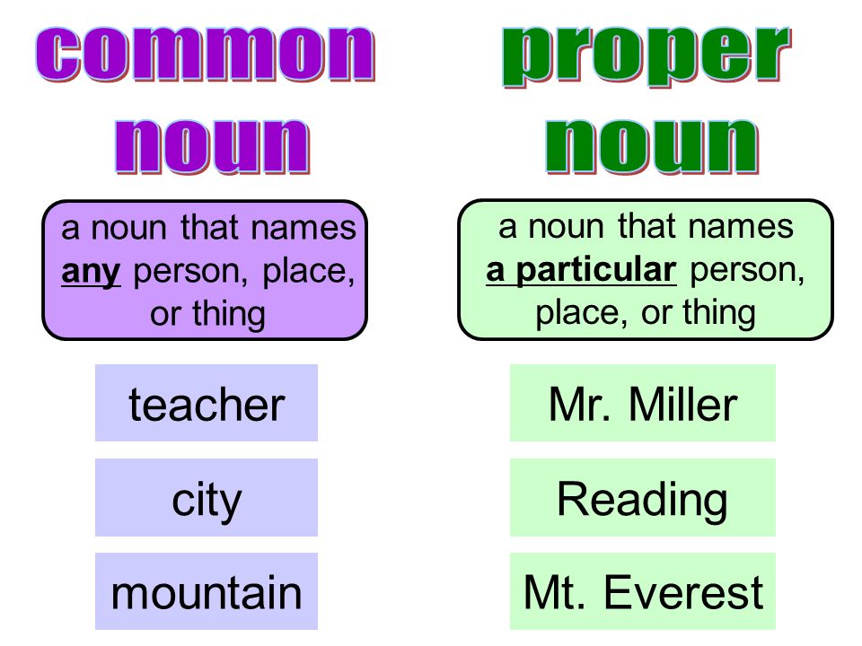 teacher Mr. Miller city Reading mountain Mt. Everest common noun