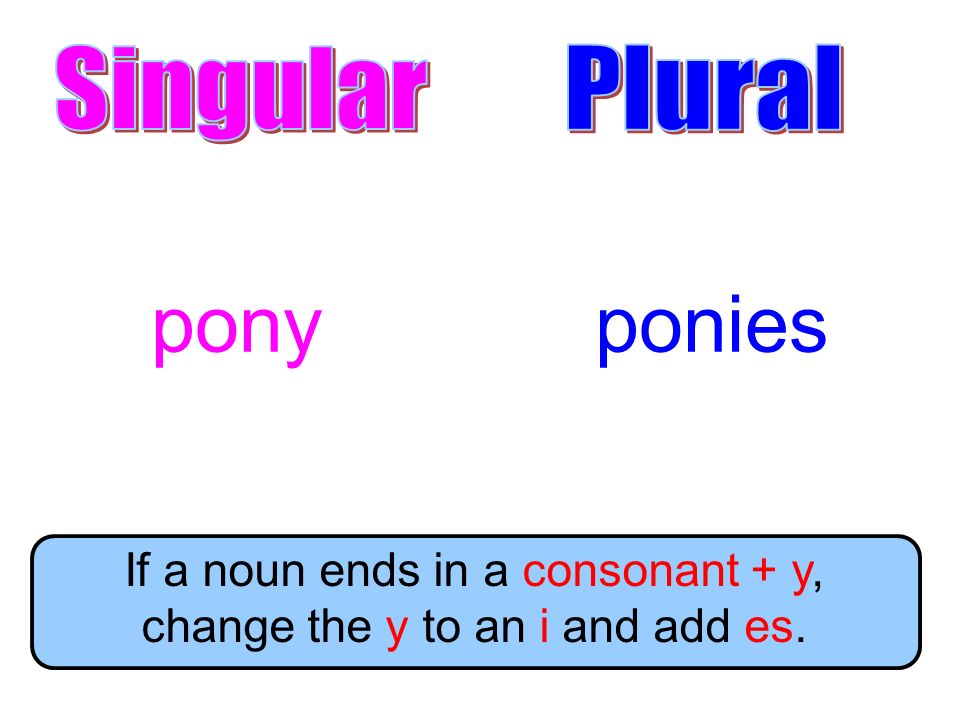 If a noun ends in a consonant + y, change the y to an i and add es.