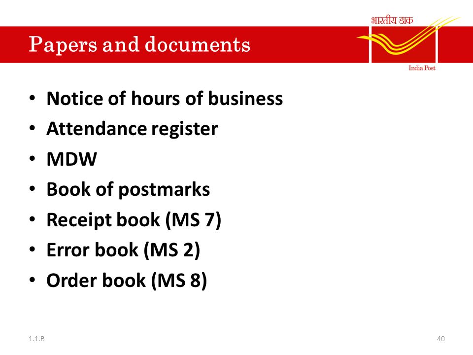 Notice of hours of business Attendance register MDW Book of postmarks