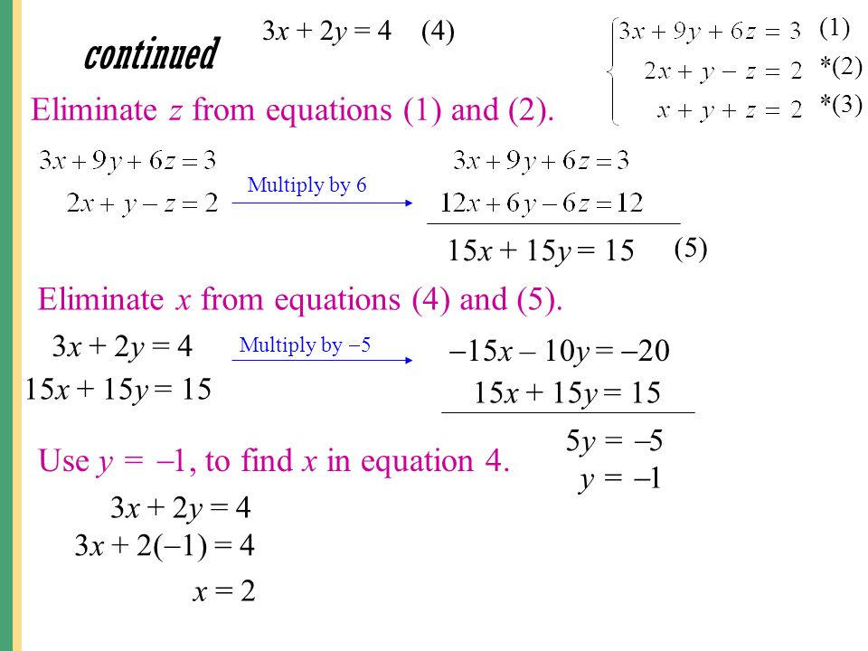 continued Eliminate z from equations (1) and (2).