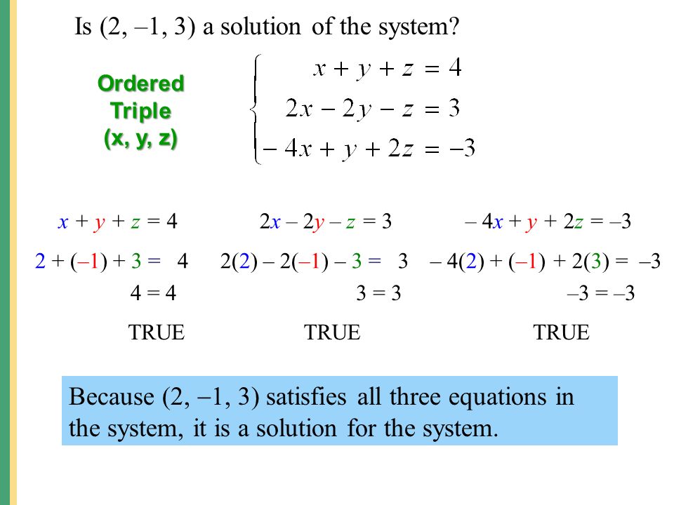 Is (2, –1, 3) a solution of the system