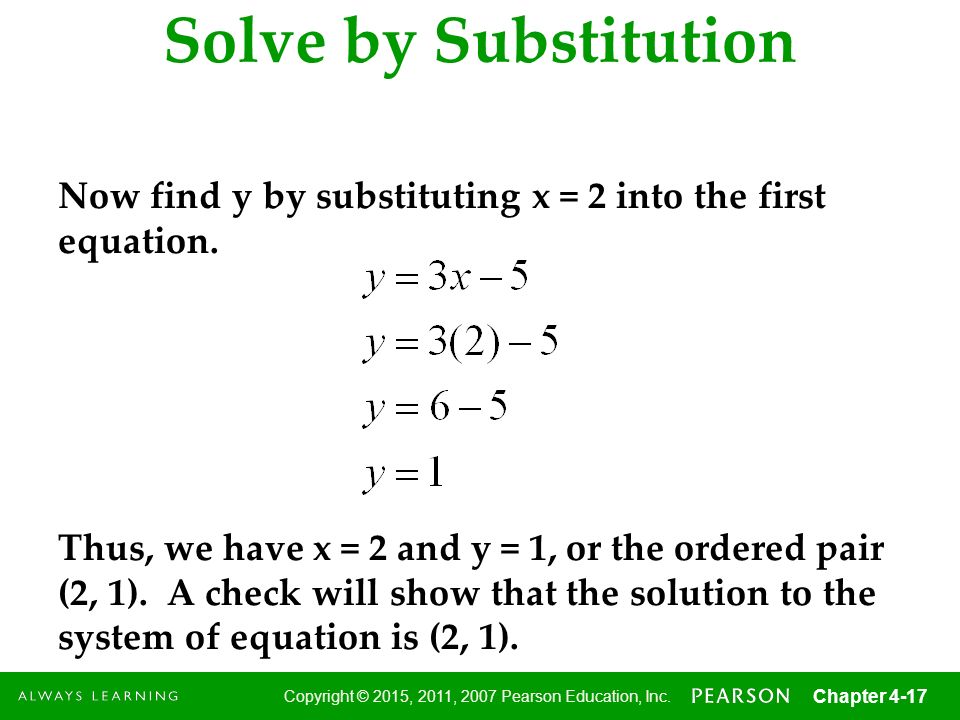 Solve by Substitution Now find y by substituting x = 2 into the first equation.