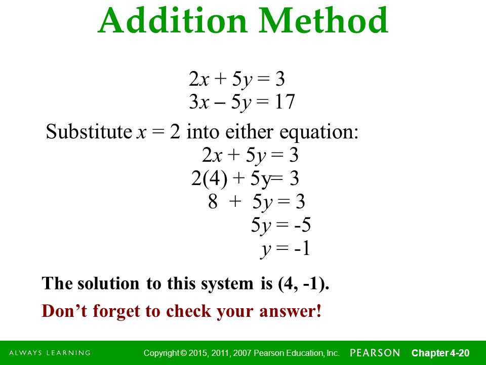 Addition Method 2x + 5y = 3 3x – 5y = 17
