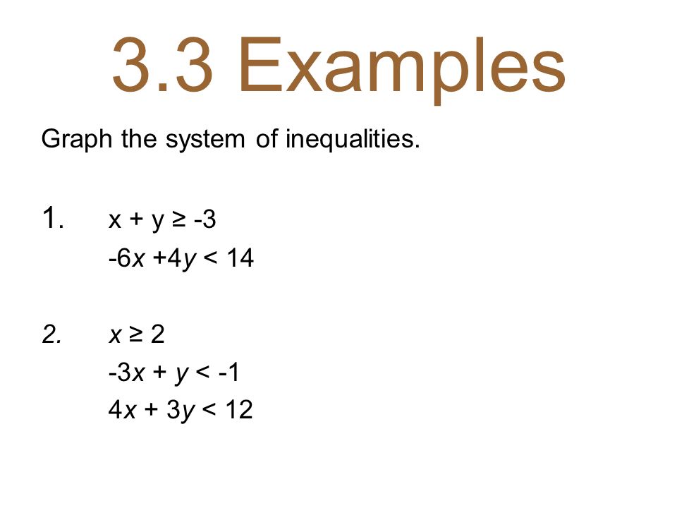 3.3 Examples 1. x + y ≥ -3 Graph the system of inequalities.