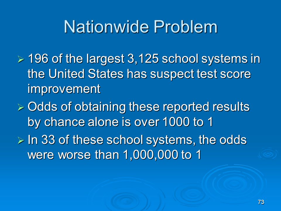 Nationwide Problem 196 of the largest 3,125 school systems in the United States has suspect test score improvement.