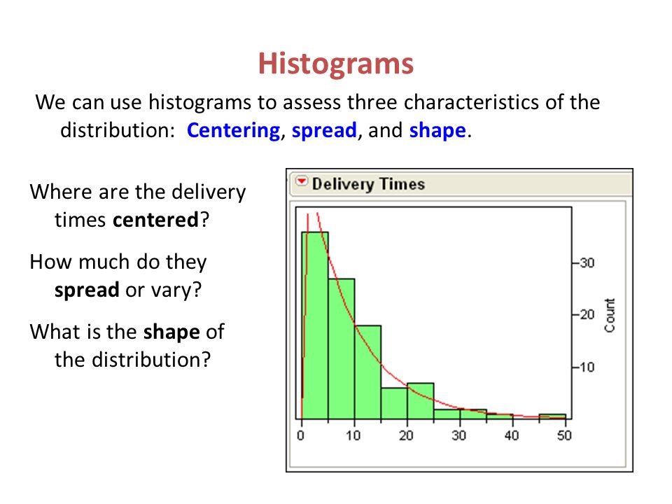 Histograms We can use histograms to assess three characteristics of the distribution: Centering, spread, and shape.