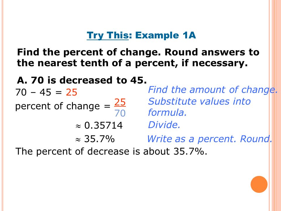 Try This: Example 1A Find the percent of change. Round answers to the nearest tenth of a percent, if necessary.