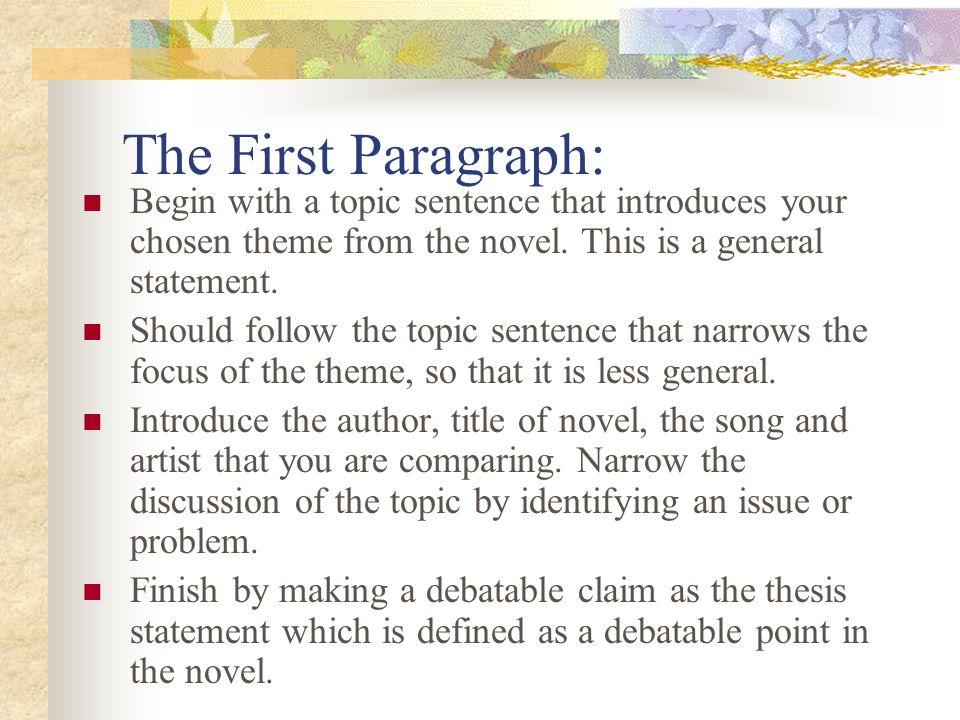 The First Paragraph: Begin with a topic sentence that introduces your chosen theme from the novel. This is a general statement.