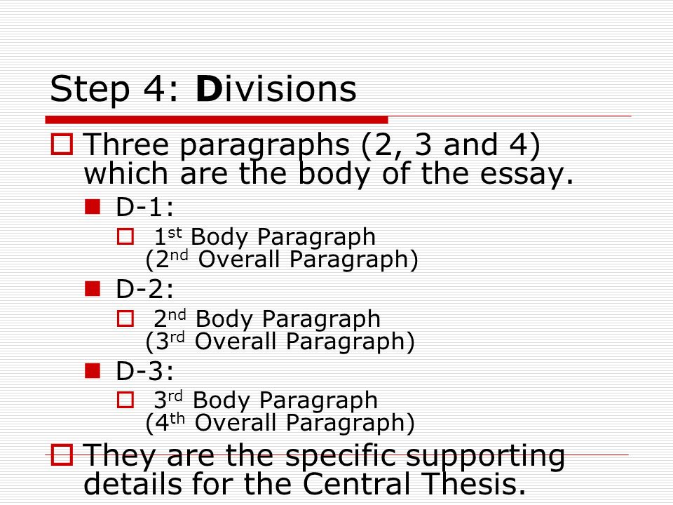 Step 4: Divisions Three paragraphs (2, 3 and 4) which are the body of the essay. D-1: 1st Body Paragraph (2nd Overall Paragraph)