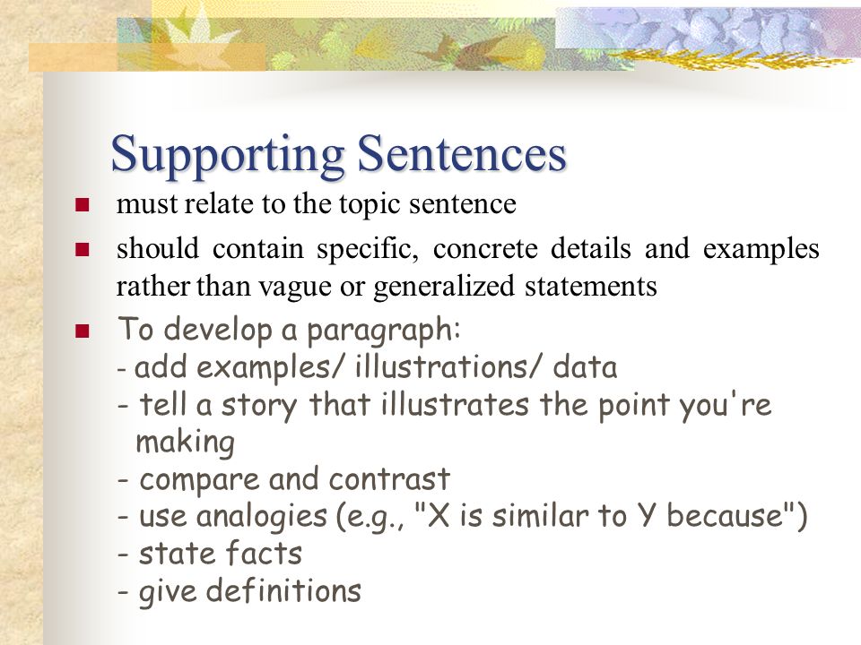 Supporting Sentences must relate to the topic sentence