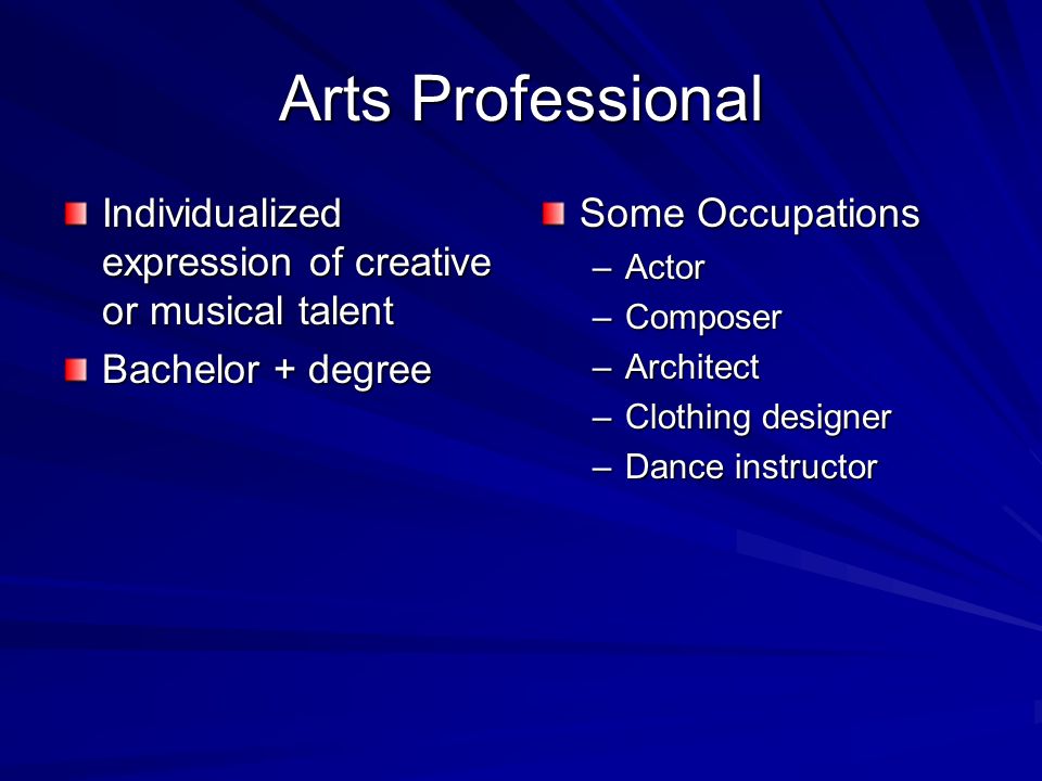 Arts Professional Individualized expression of creative or musical talent. Bachelor + degree. Some Occupations.