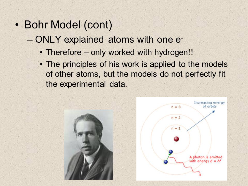 Bohr Model (cont) ONLY explained atoms with one e-