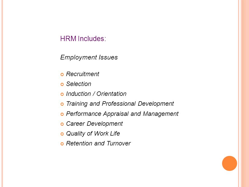 HRM Includes: Employment Issues Recruitment Selection